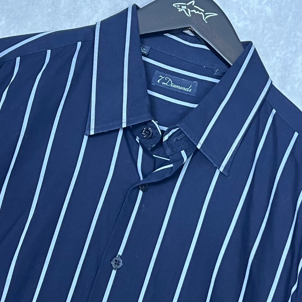 7 Diamonds Mens Navy Blue White Vertical‎ Stripe Long Sleeve Button Down Shirt L